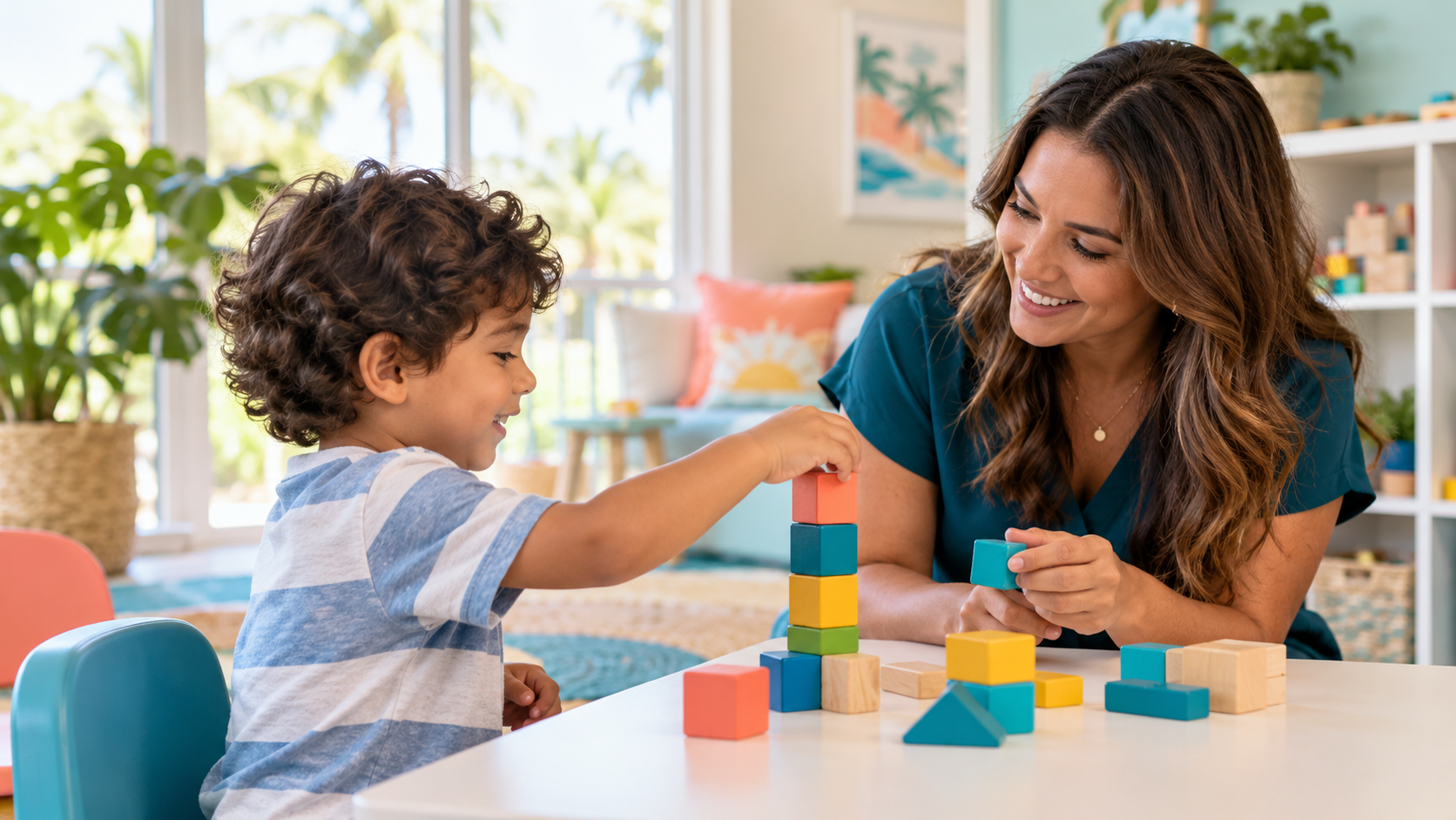 Illustrative image of a child and therapist playing with blocks